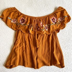 EUC Xhilaration Off Shoulder Floral Embroidered Top | Golden Yellow | Sz L